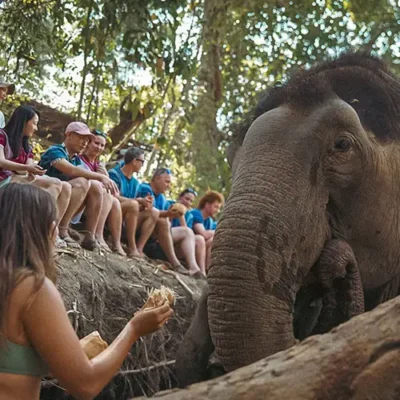 Travelers feeding a rescued elephant at an ethical elephant sanctuary in Chiang Mai